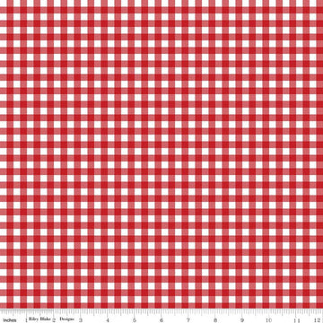 Image of A Perfect Winter Plaid Red quilting cotton fabric by Lori Whitlock for Riley Blake Designs. Features gingham on a red background. Cute Little Fabric Shop.