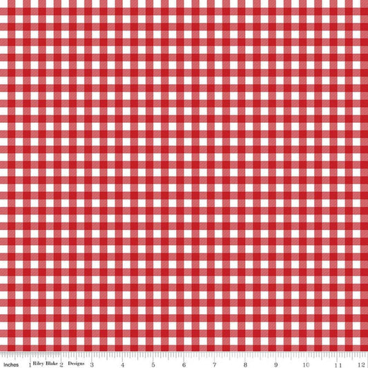 Image of A Perfect Winter Plaid Red quilting cotton fabric by Lori Whitlock for Riley Blake Designs. Features gingham on a red background. Cute Little Fabric Shop.