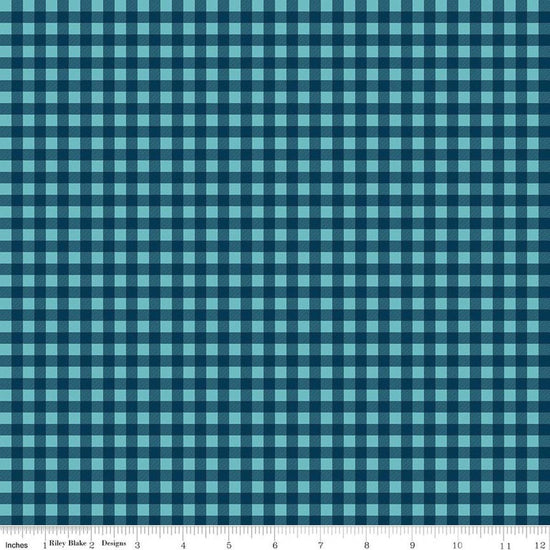 Image of A Perfect Winter Plaid Navy quilting cotton fabric by Lori Whitlock for Riley Blake Designs. Features gingham on a blue background. Cute Little Fabric Shop.