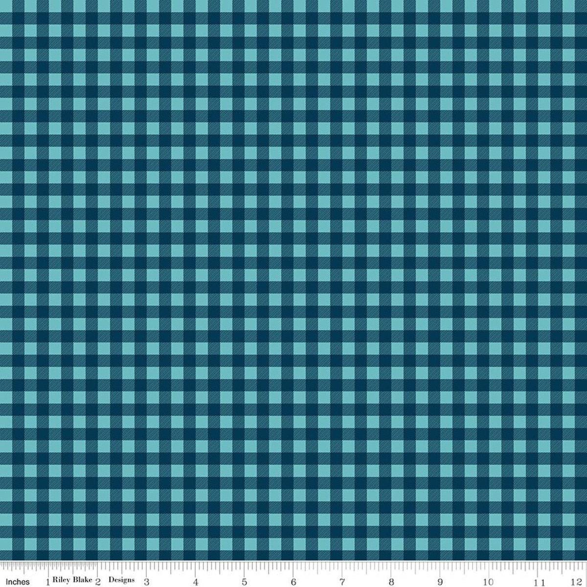 Image of A Perfect Winter Plaid Navy quilting cotton fabric by Lori Whitlock for Riley Blake Designs. Features gingham on a blue background. Cute Little Fabric Shop.