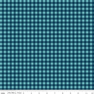 Image of A Perfect Winter Plaid Navy quilting cotton fabric by Lori Whitlock for Riley Blake Designs. Features gingham on a blue background. Cute Little Fabric Shop.