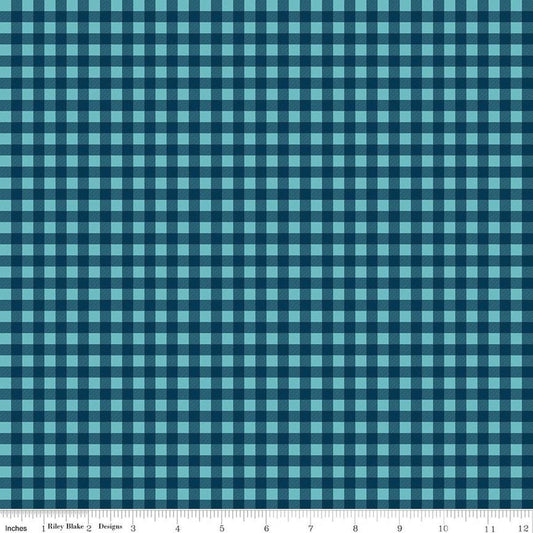 Image of A Perfect Winter Plaid Navy quilting cotton fabric by Lori Whitlock for Riley Blake Designs. Features gingham on a blue background. Cute Little Fabric Shop.