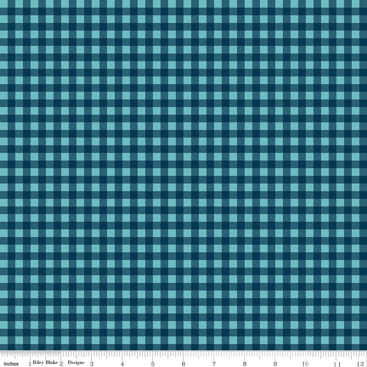 Image of A Perfect Winter Plaid Navy quilting cotton fabric by Lori Whitlock for Riley Blake Designs. Features gingham on a blue background. Cute Little Fabric Shop.