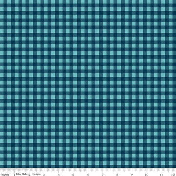 Image of A Perfect Winter Plaid Navy quilting cotton fabric by Lori Whitlock for Riley Blake Designs. Features gingham on a blue background. Cute Little Fabric Shop.