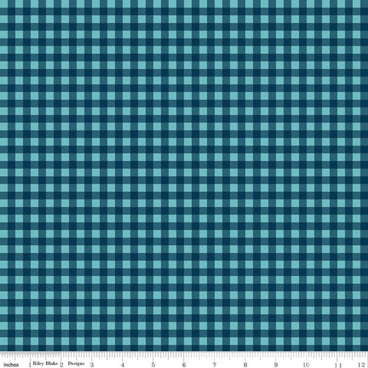 Image of A Perfect Winter Plaid Navy quilting cotton fabric by Lori Whitlock for Riley Blake Designs. Features gingham on a blue background. Cute Little Fabric Shop.