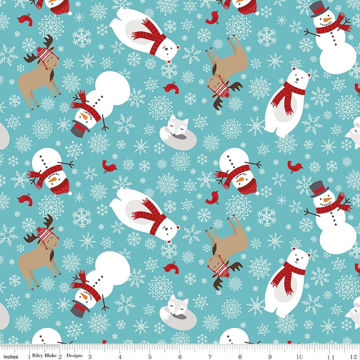Image of A Perfect Winter Main Blue quilting cotton fabric by Lori Whitlock for Riley Blake Designs. Features snowmen, reindeers, and snowflakes on a blue background. Cute Little Fabric Shop.
