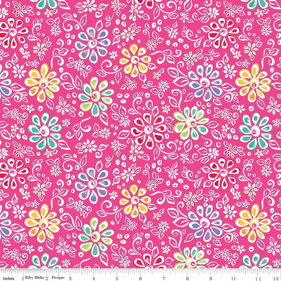 Image of Chasing Rainbows Main Pink quilting cotton fabric by Leslie Ryan for Riley Blake Designs. Features flowers on a pink background. Cute Little Fabric Shop.