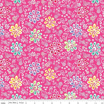 Image of Chasing Rainbows Main Pink quilting cotton fabric by Leslie Ryan for Riley Blake Designs. Features flowers on a pink background. Cute Little Fabric Shop.