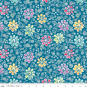 Image of Chasing Rainbows Main Paradise quilting cotton fabric by Leslie Ryan for Riley Blake Designs. Features flowers on a blue background. Cute Little Fabric Shop.