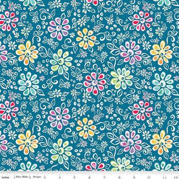 Image of Chasing Rainbows Main Paradise quilting cotton fabric by Leslie Ryan for Riley Blake Designs. Features flowers on a blue background. Cute Little Fabric Shop.