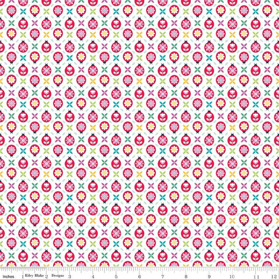 Image of Chasing Rainbows Cute as a Bug White quilting cotton fabric by Leslie Ryan for Riley Blake Designs. Features flowers on a white background. Cute Little Fabric Shop.