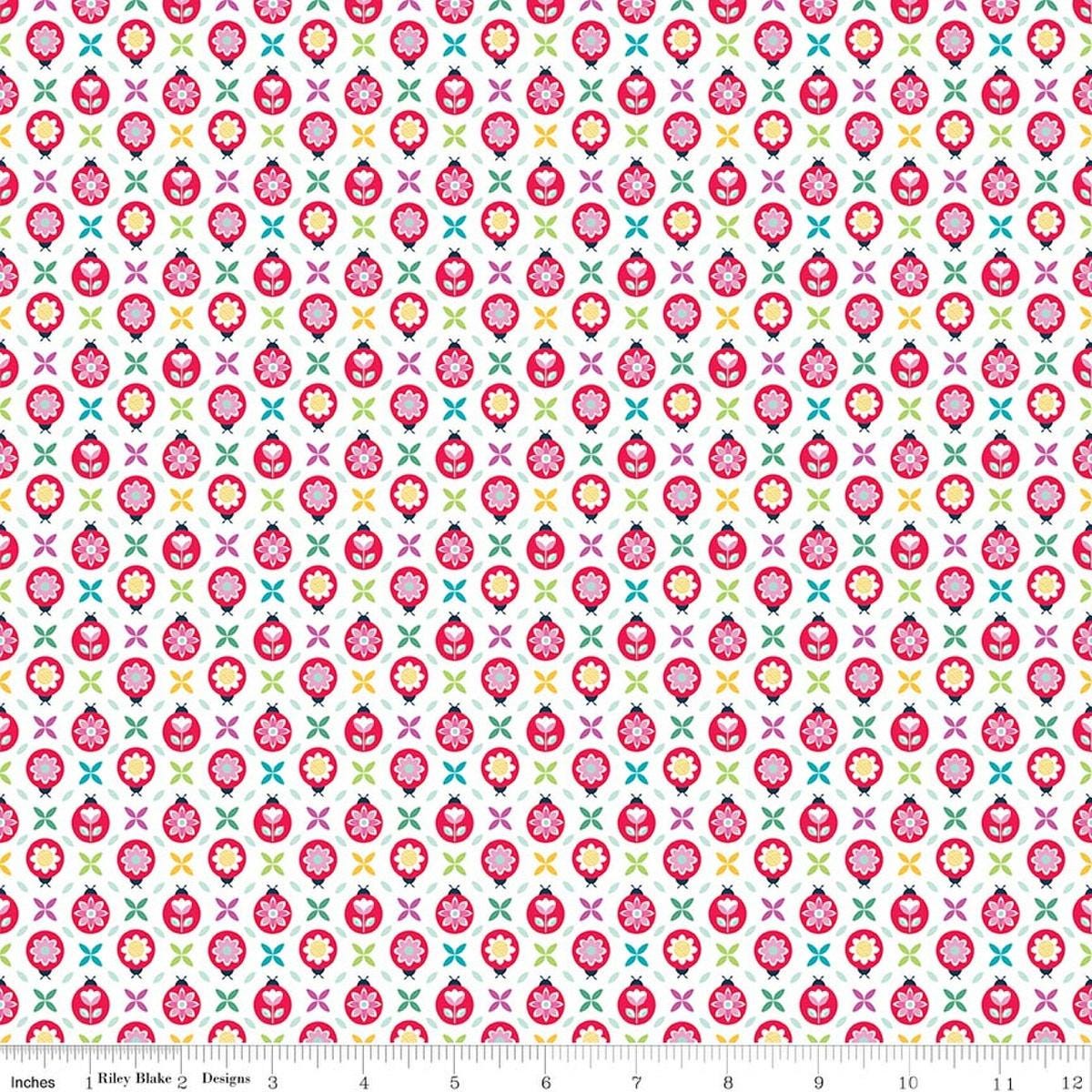 Image of Chasing Rainbows Cute as a Bug White quilting cotton fabric by Leslie Ryan for Riley Blake Designs. Features flowers on a white background. Cute Little Fabric Shop.