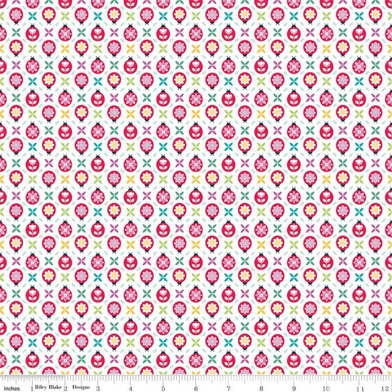 Image of Chasing Rainbows Cute as a Bug White quilting cotton fabric by Leslie Ryan for Riley Blake Designs. Features flowers on a white background. Cute Little Fabric Shop.