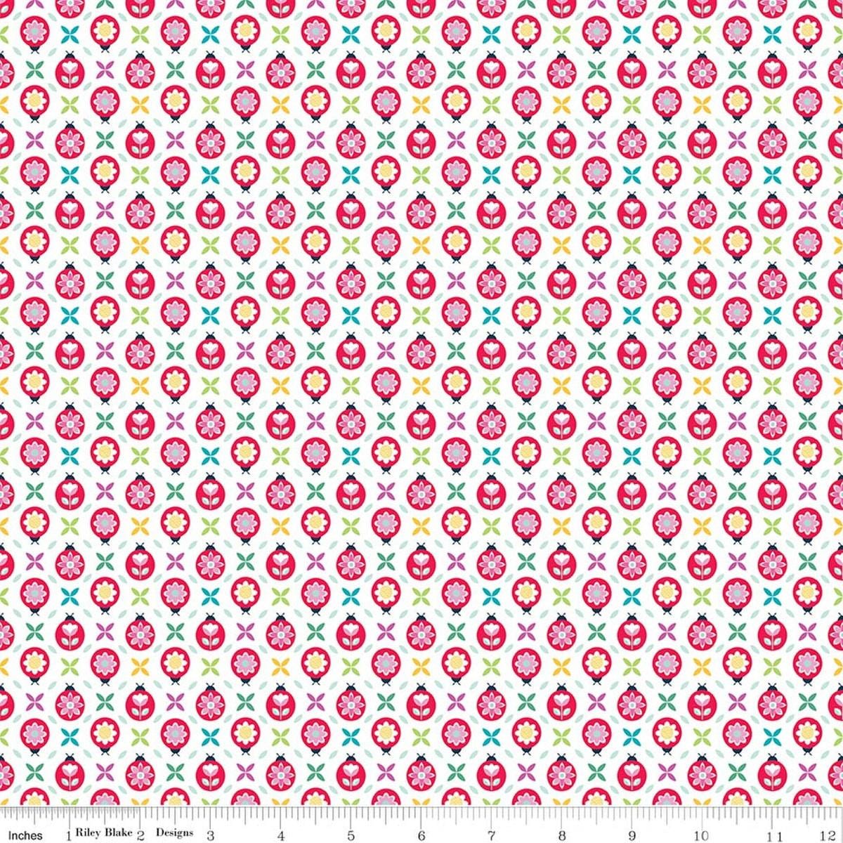 Image of Chasing Rainbows Cute as a Bug White quilting cotton fabric by Leslie Ryan for Riley Blake Designs. Features flowers on a white background. Cute Little Fabric Shop.