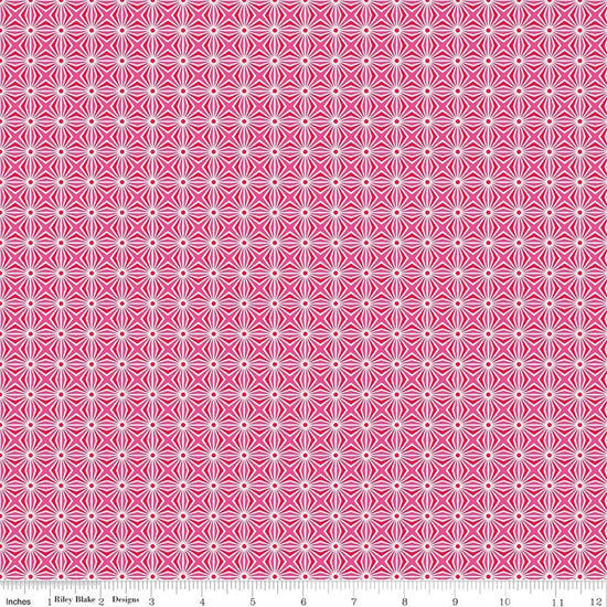 Image of Chasing Rainbows Interlink Pink quilting cotton fabric by Leslie Ryan for Riley Blake Designs. Features a geometric pattern on a pink background. Cute Little Fabric Shop.