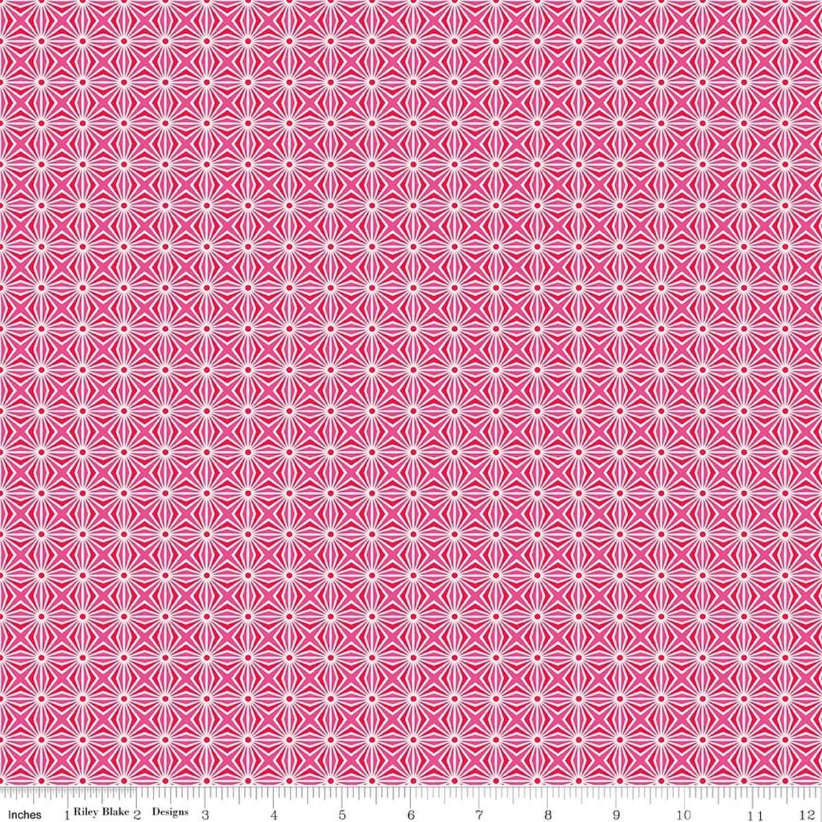 Image of Chasing Rainbows Interlink Pink quilting cotton fabric by Leslie Ryan for Riley Blake Designs. Features a geometric pattern on a pink background. Cute Little Fabric Shop.