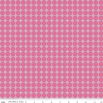 Image of Chasing Rainbows Interlink Pink quilting cotton fabric by Leslie Ryan for Riley Blake Designs. Features a geometric pattern on a pink background. Cute Little Fabric Shop.
