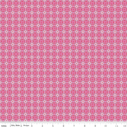 Image of Chasing Rainbows Interlink Pink quilting cotton fabric by Leslie Ryan for Riley Blake Designs. Features a geometric pattern on a pink background. Cute Little Fabric Shop.