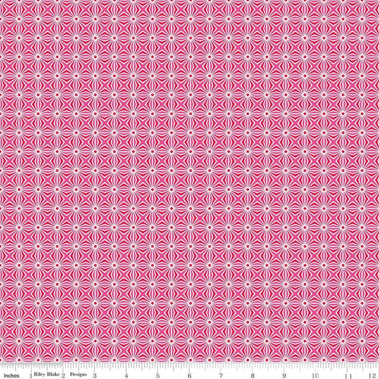 Image of Chasing Rainbows Interlink Pink quilting cotton fabric by Leslie Ryan for Riley Blake Designs. Features a geometric pattern on a pink background. Cute Little Fabric Shop.