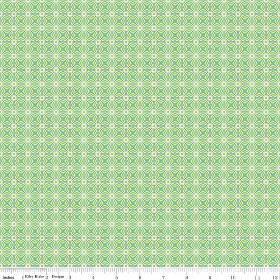 Image of Chasing Rainbows Interlink Green quilting cotton fabric by Leslie Ryan for Riley Blake Designs. Features a geometric pattern on a green background. Cute Little Fabric Shop.