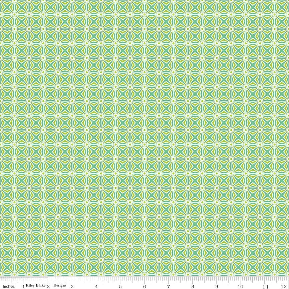 Image of Chasing Rainbows Interlink Green quilting cotton fabric by Leslie Ryan for Riley Blake Designs. Features a geometric pattern on a green background. Cute Little Fabric Shop.
