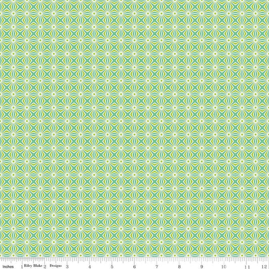 Image of Chasing Rainbows Interlink Green quilting cotton fabric by Leslie Ryan for Riley Blake Designs. Features a geometric pattern on a green background. Cute Little Fabric Shop.