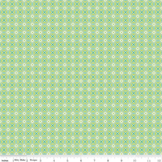 Image of Chasing Rainbows Interlink Green quilting cotton fabric by Leslie Ryan for Riley Blake Designs. Features a geometric pattern on a green background. Cute Little Fabric Shop.