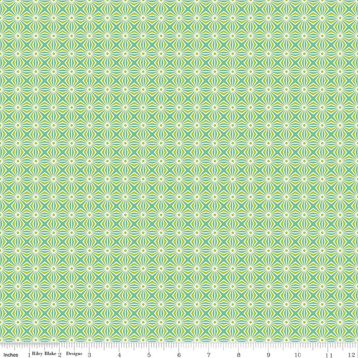 Image of Chasing Rainbows Interlink Green quilting cotton fabric by Leslie Ryan for Riley Blake Designs. Features a geometric pattern on a green background. Cute Little Fabric Shop.