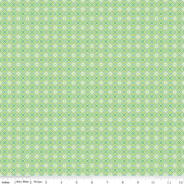 Image of Chasing Rainbows Interlink Green quilting cotton fabric by Leslie Ryan for Riley Blake Designs. Features a geometric pattern on a green background. Cute Little Fabric Shop.
