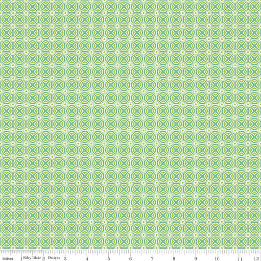 Image of Chasing Rainbows Interlink Green quilting cotton fabric by Leslie Ryan for Riley Blake Designs. Features a geometric pattern on a green background. Cute Little Fabric Shop.