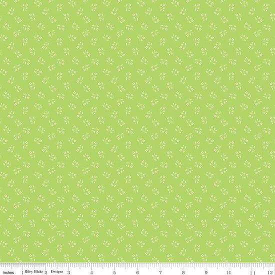 Image of Chasing Rainbows Scattered Stems Green quilting cotton fabric by Leslie Ryan for Riley Blake Designs. Features flowers on a green background. Cute Little Fabric Shop.