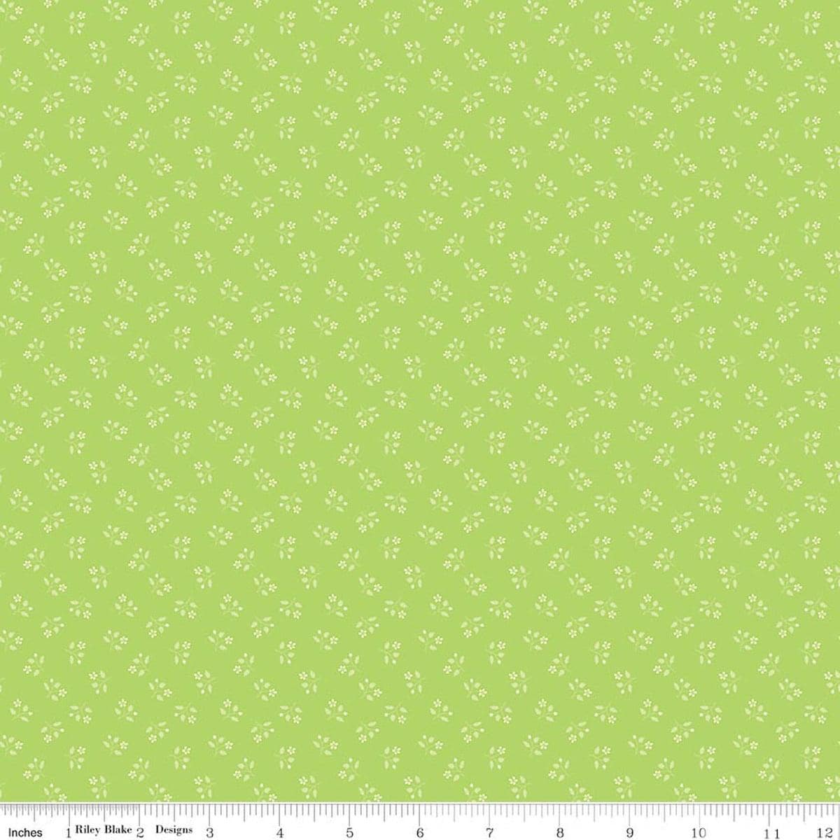 Image of Chasing Rainbows Scattered Stems Green quilting cotton fabric by Leslie Ryan for Riley Blake Designs. Features flowers on a green background. Cute Little Fabric Shop.