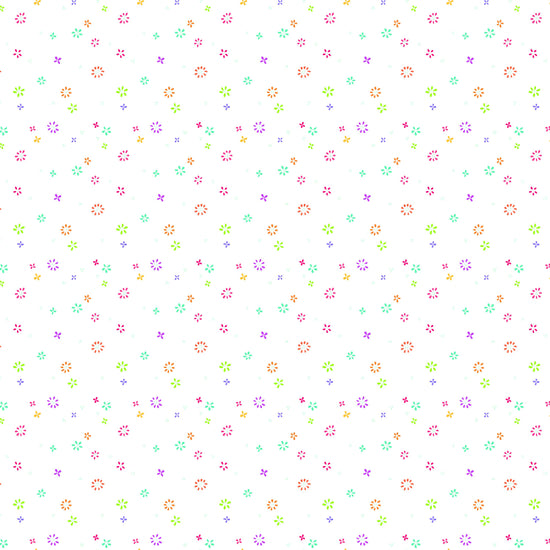 Image of Chasing Rainbows Garden Sprinkles White quilting cotton fabric by Leslie Ryan for Riley Blake Designs. Features flowers on a white background. Cute Little Fabric Shop.