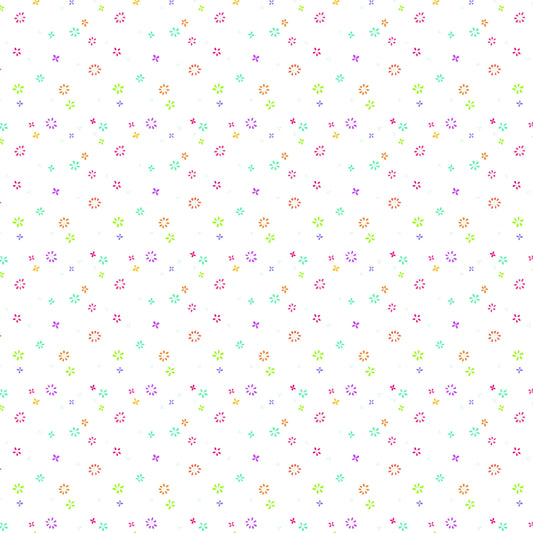 Image of Chasing Rainbows Garden Sprinkles White quilting cotton fabric by Leslie Ryan for Riley Blake Designs. Features flowers on a white background. Cute Little Fabric Shop.