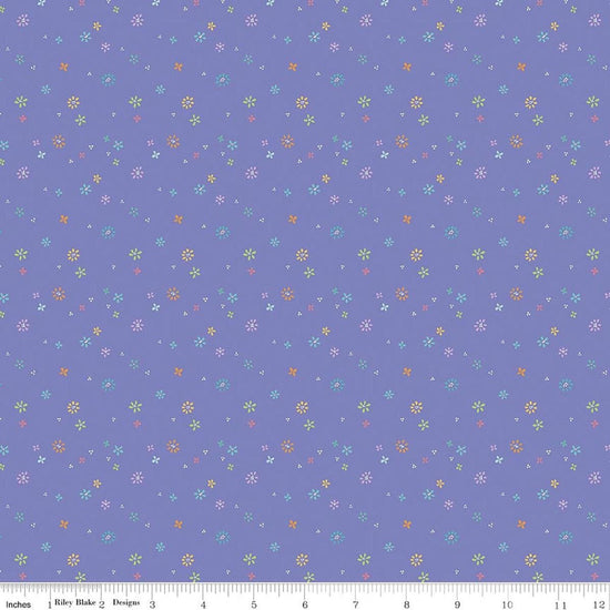 Image of Chasing Rainbows Garden Sprinkles Purple quilting cotton fabric by Leslie Ryan for Riley Blake Designs. Features flowers on a purple background. Cute Little Fabric Shop.