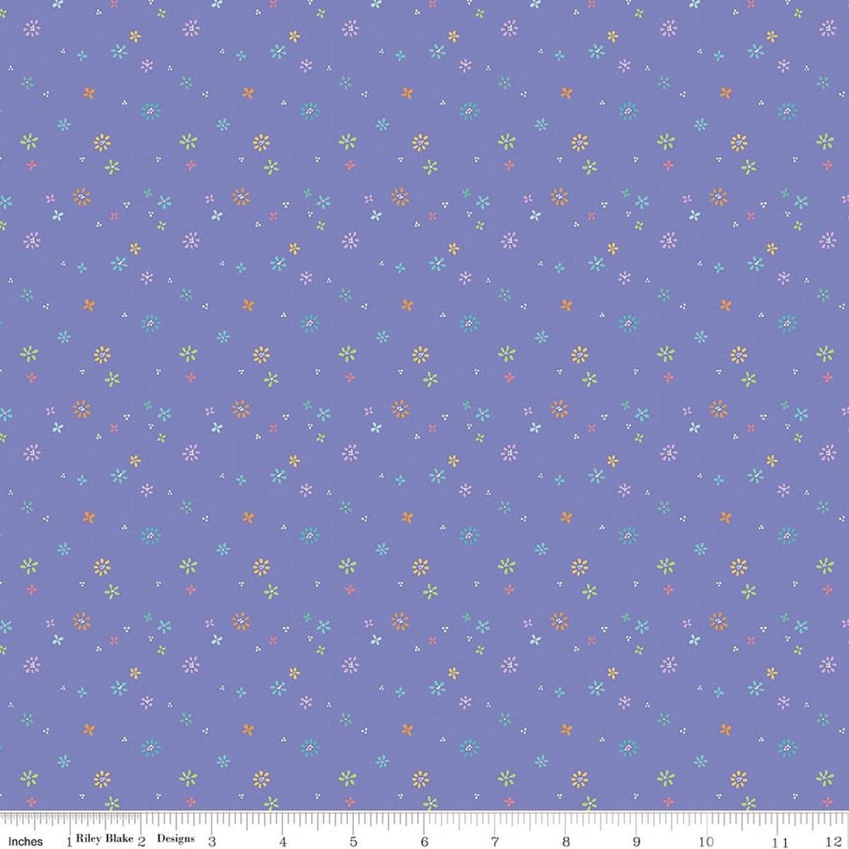 Image of Chasing Rainbows Garden Sprinkles Purple quilting cotton fabric by Leslie Ryan for Riley Blake Designs. Features flowers on a purple background. Cute Little Fabric Shop.