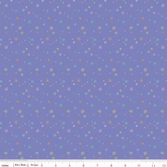 Image of Chasing Rainbows Garden Sprinkles Purple quilting cotton fabric by Leslie Ryan for Riley Blake Designs. Features flowers on a purple background. Cute Little Fabric Shop.
