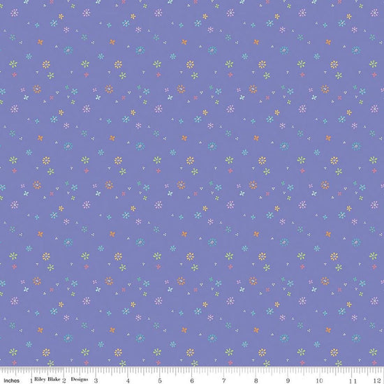 Image of Chasing Rainbows Garden Sprinkles Purple quilting cotton fabric by Leslie Ryan for Riley Blake Designs. Features flowers on a purple background. Cute Little Fabric Shop.