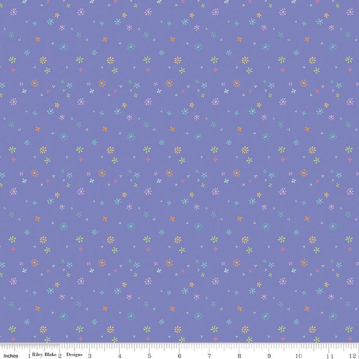 Image of Chasing Rainbows Garden Sprinkles Purple quilting cotton fabric by Leslie Ryan for Riley Blake Designs. Features flowers on a purple background. Cute Little Fabric Shop.