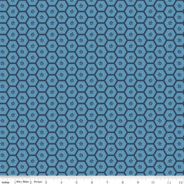 Image of Sunshine & Dandelions Hexies Blue quilting cotton fabric by Traci Reed for Riley Blake Designs. Features a geometric pattern on a blue background. Cute Little Fabric Shop.