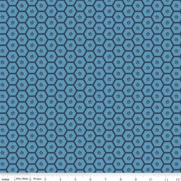 Image of Sunshine & Dandelions Hexies Blue quilting cotton fabric by Traci Reed for Riley Blake Designs. Features a geometric pattern on a blue background. Cute Little Fabric Shop.