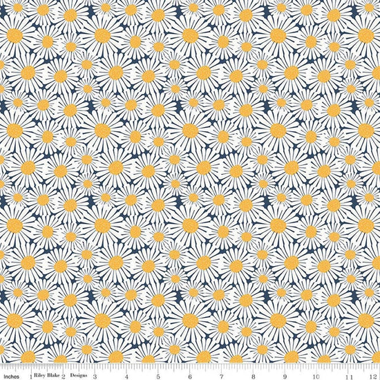 Image of Sunshine & Dandelions Daisies Navy quilting cotton fabric by Traci Reed for Riley Blake Designs. Features flowers on a blue background. Cute Little Fabric Shop.