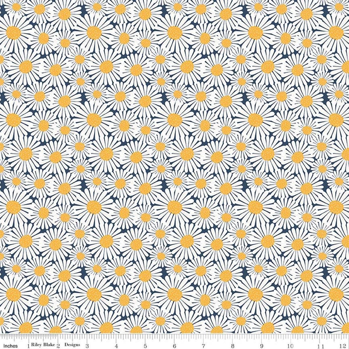 Image of Sunshine & Dandelions Daisies Navy quilting cotton fabric by Traci Reed for Riley Blake Designs. Features flowers on a blue background. Cute Little Fabric Shop.