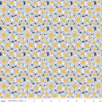 Image of Sunshine & Dandelions Daisies Navy quilting cotton fabric by Traci Reed for Riley Blake Designs. Features flowers on a blue background. Cute Little Fabric Shop.