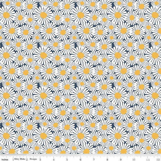 Image of Sunshine & Dandelions Daisies Navy quilting cotton fabric by Traci Reed for Riley Blake Designs. Features flowers on a blue background. Cute Little Fabric Shop.