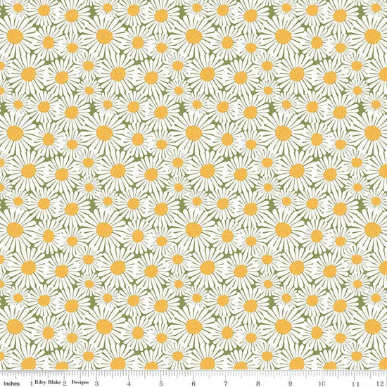 Image of Sunshine & Dandelions Daisies Green quilting cotton fabric by Traci Reed for Riley Blake Designs. Features flowers on a green background. Cute Little Fabric Shop.