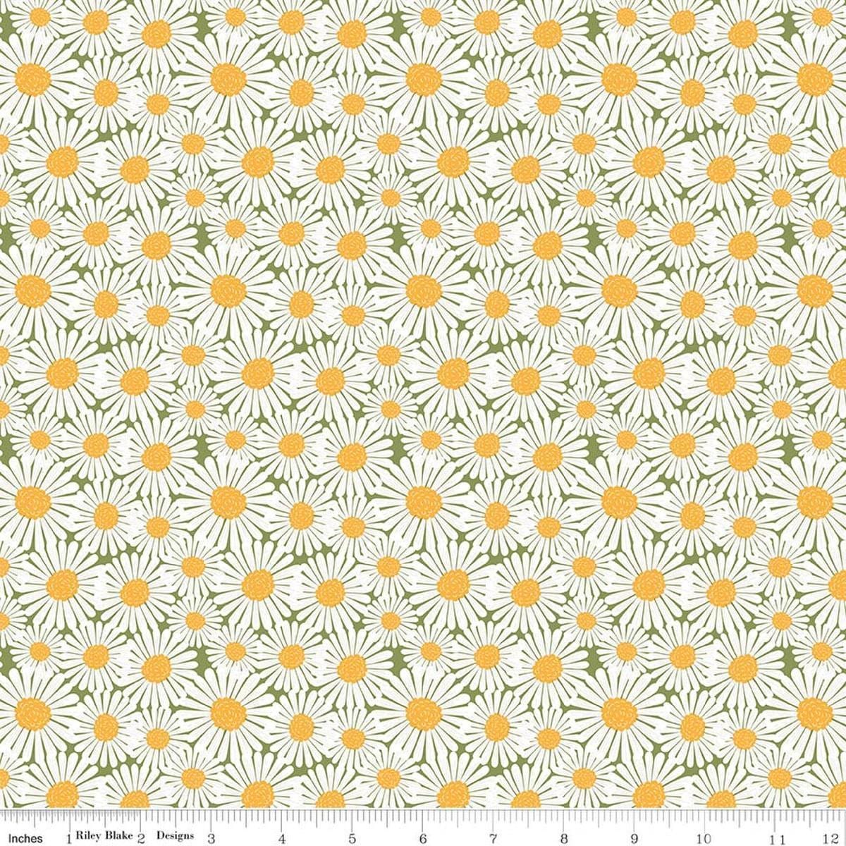 Image of Sunshine & Dandelions Daisies Green quilting cotton fabric by Traci Reed for Riley Blake Designs. Features flowers on a green background. Cute Little Fabric Shop.
