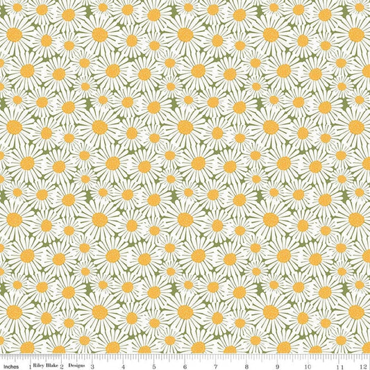 Image of Sunshine & Dandelions Daisies Green quilting cotton fabric by Traci Reed for Riley Blake Designs. Features flowers on a green background. Cute Little Fabric Shop.