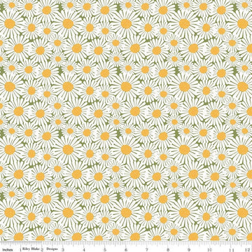 Image of Sunshine & Dandelions Daisies Green quilting cotton fabric by Traci Reed for Riley Blake Designs. Features flowers on a green background. Cute Little Fabric Shop.