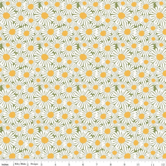 Image of Sunshine & Dandelions Daisies Green quilting cotton fabric by Traci Reed for Riley Blake Designs. Features flowers on a green background. Cute Little Fabric Shop.